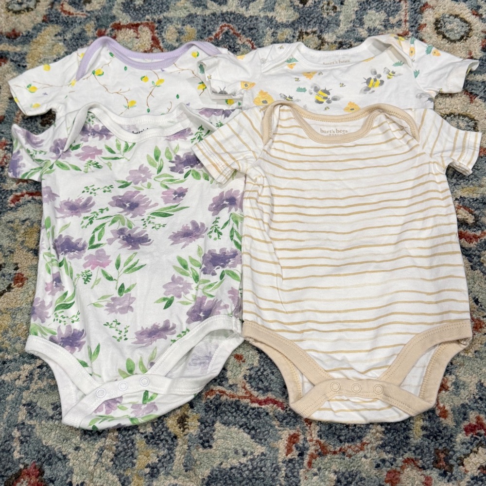 Burt's Bees Bodysuit 4-Pack Girls 0-3M Multi Floral Bee Organic Cottagecore EUC